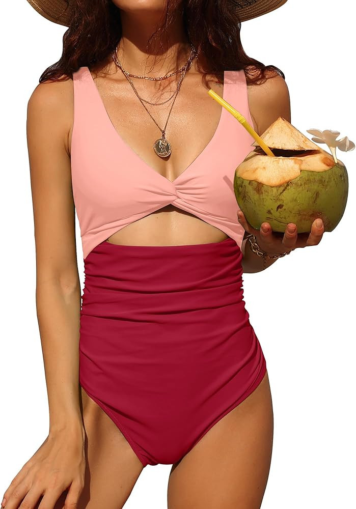 Charmo Womens One Piece Swimsuit Ruched Tummy Control High Cut Backless V Neck Bathing Suits Swim... | Amazon (US)