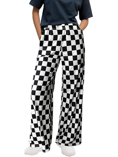 WSPLYSPJY Women's Casual Checkered Pants Elastic Waist Comfy Loose Wide Leg Pants with Pockets,XS - XXL Black and White M | Amazon (US)