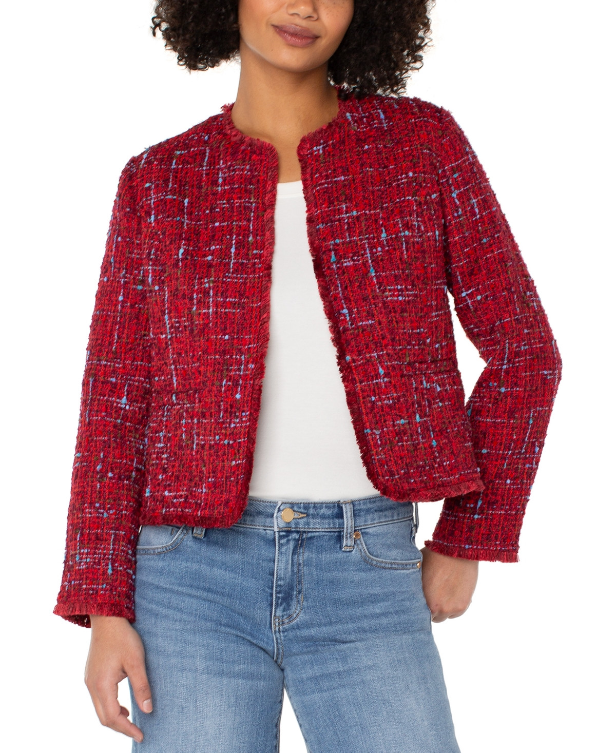 Liverpool Los Angeles Fray Edge Collarless Jacket - Red Multi Boucle | Macy's