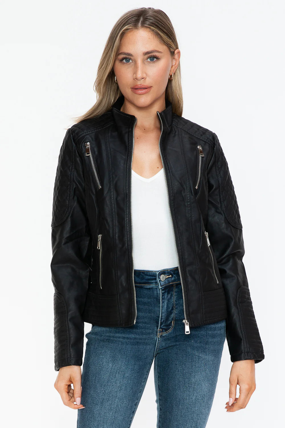 Faux Leather Zip Up Mock Neck Jacket S | Casual Chic Boutique