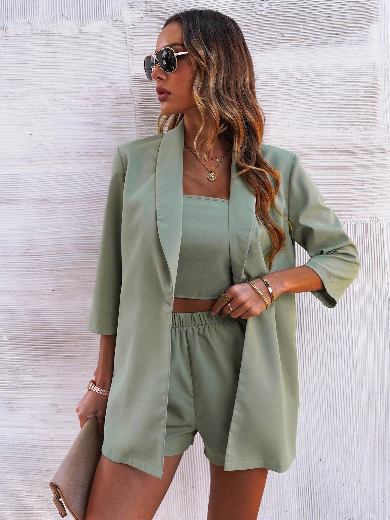 Shirred Back Tube Top & Shorts & Single Button Blazer | SHEIN