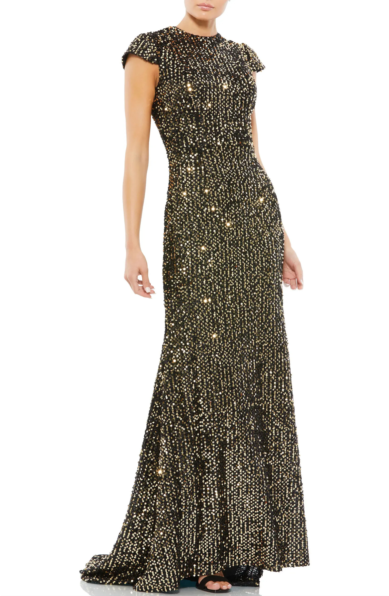 Sequined Cap Sleeve High Neck Gown | Nordstrom