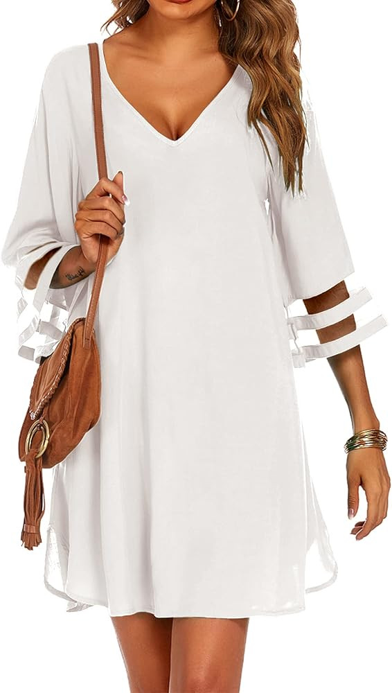 Ekouaer Women's Swimsuit Cover Up 3/4 Bell Sleeve Beachwear Coverups Deep V-Neck Bikini Beach Dress  | Amazon (US)