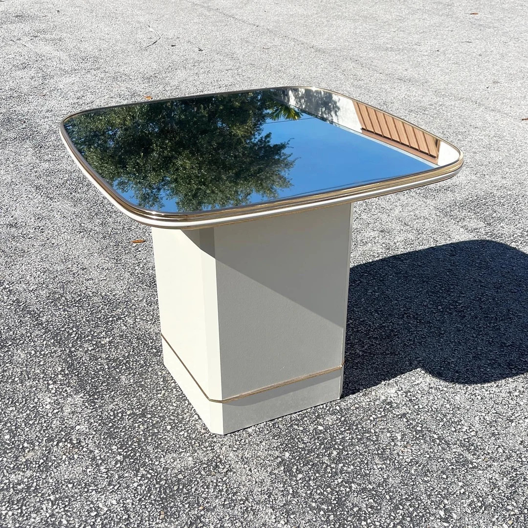 Postmodern Cream Lacquered Square Mirror Top Side Table W Gold Trim | Etsy (US)