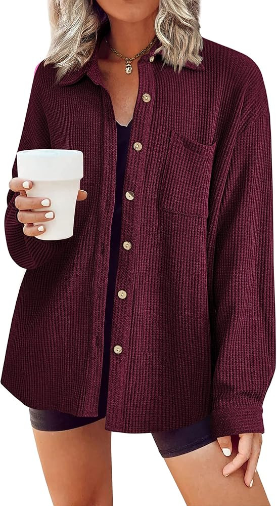 HOTOUCH Waffle Button Down Shirt Women Casual Knit Tops Long Sleeve Loose Fit Shacket with Pocket | Amazon (US)