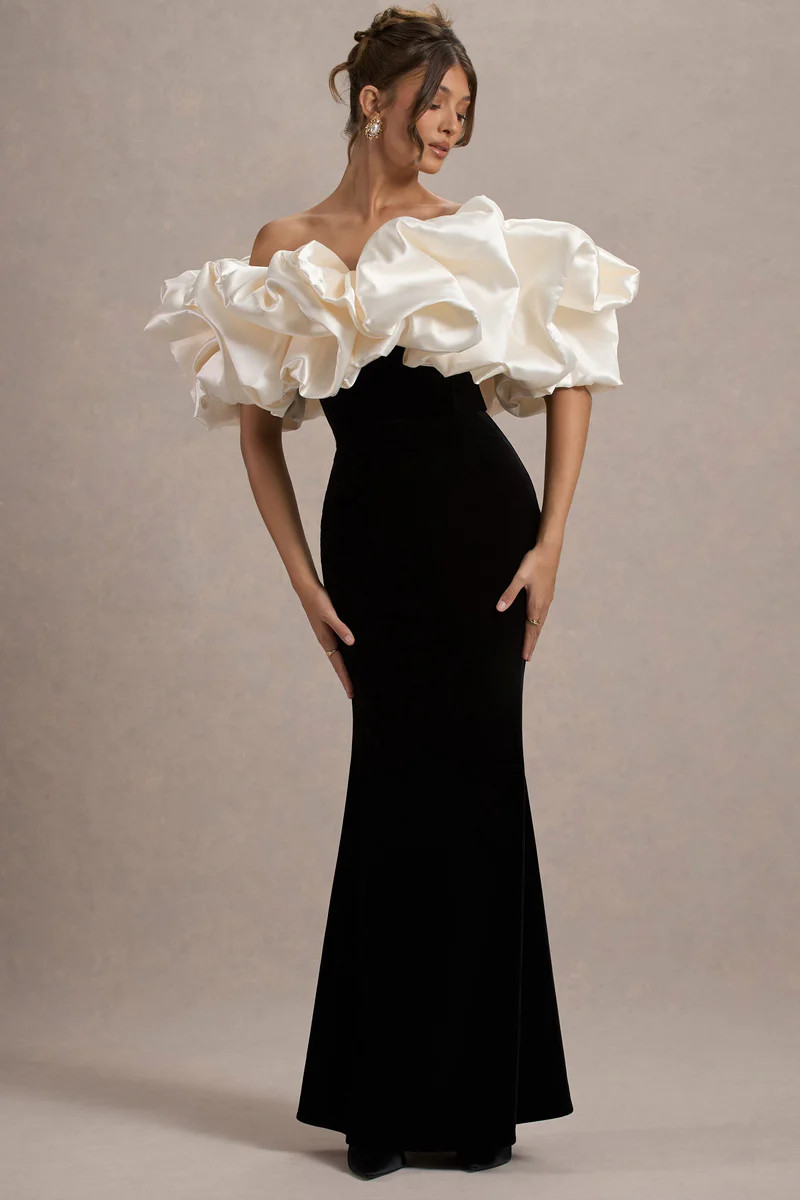 Cecily  Black Velvet Bardot Maxi Dress With Satin Ruffle Trim | Club L London