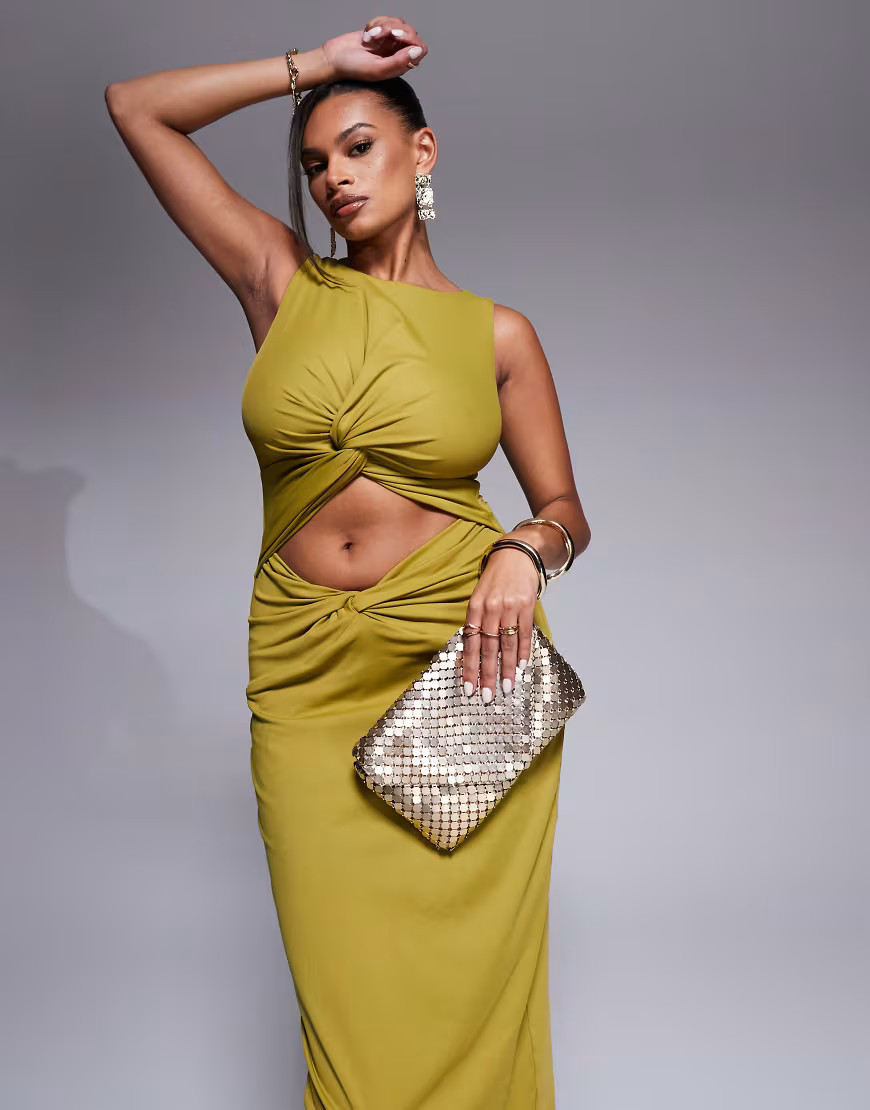 Taideux fuller bust Nikki jersey cut out midaxi dress with twist detail in olive-Green | ASOS (Global)