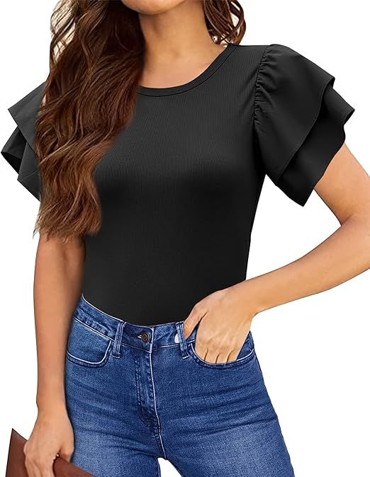 WAYMAKER Women's Crew Neck Ribbed Ruffle Short Sleeve Bodysuits Tops Shirts Blouses Leotard | Amazon (US)