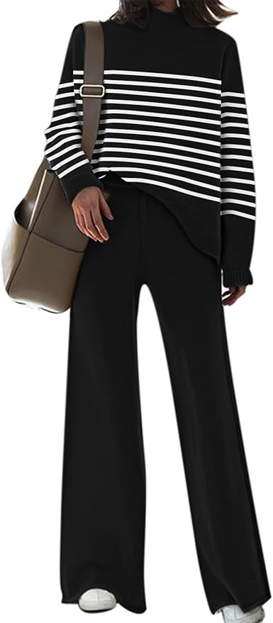 Fixmatti Women's 2 Piece Outfits Long Sleeve Stripe Sweater Top Wide Leg Pants Knit Lounge Sets S... | Amazon (US)
