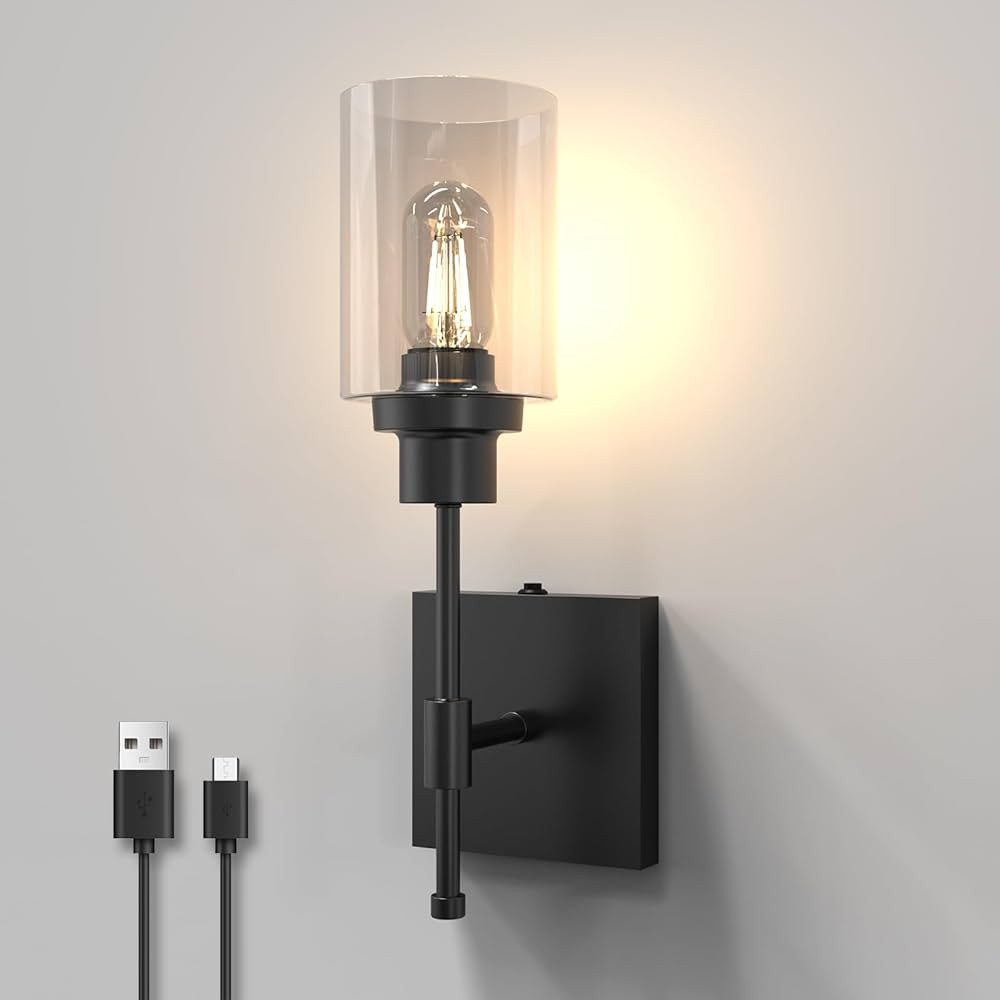 C02 Battery Operated Wall Sconce No Wired Rechargeable Wall Lamp with Clear Glass Shade Easy to I... | Amazon (US)