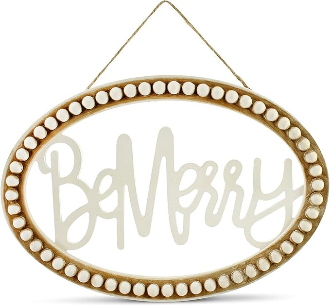 AuldHome Beaded Wooden Christmas Sign, Be Merry" Oval Wood Holiday Decor Hanging Sign | Amazon (US)