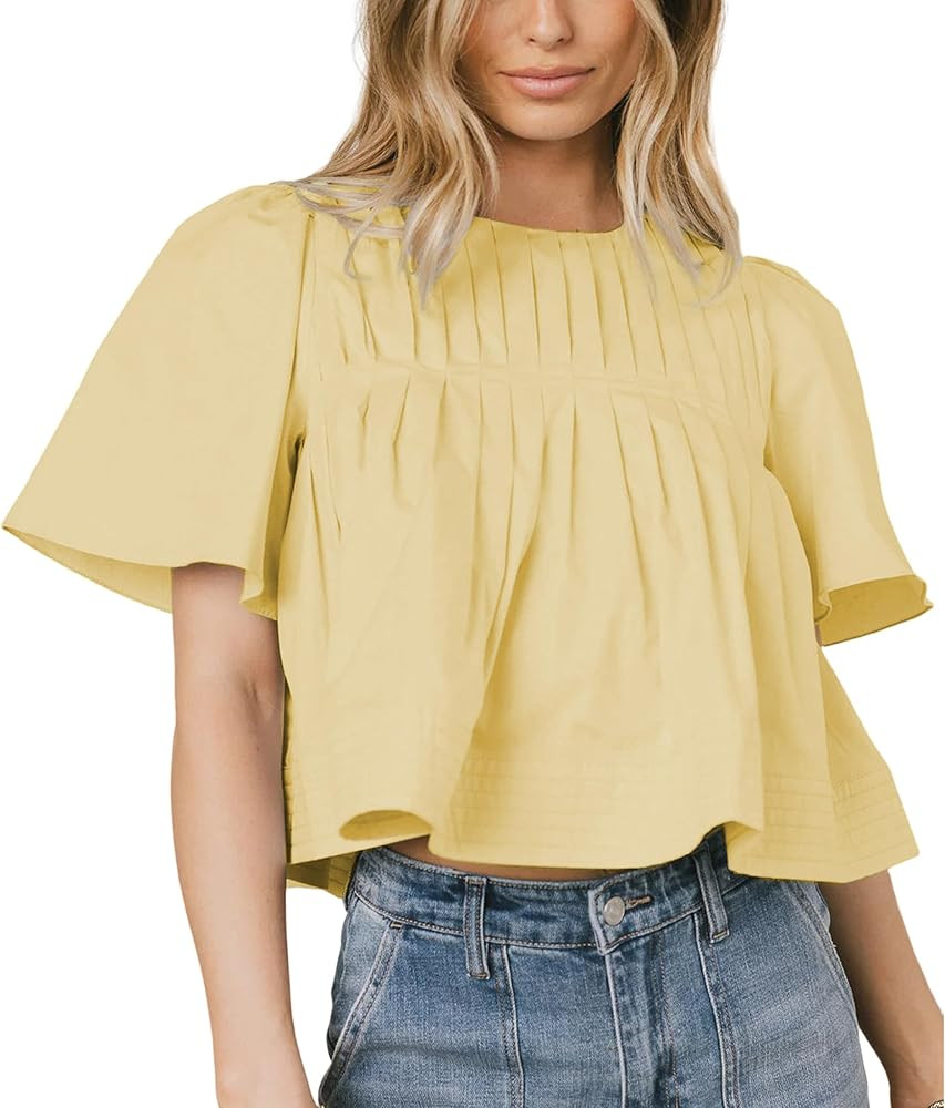 Women's Short Ruffled Sleeve Pleated Tee Shirts Summer Cotton Babydoll Tops with Back Zipper | Amazon (US)