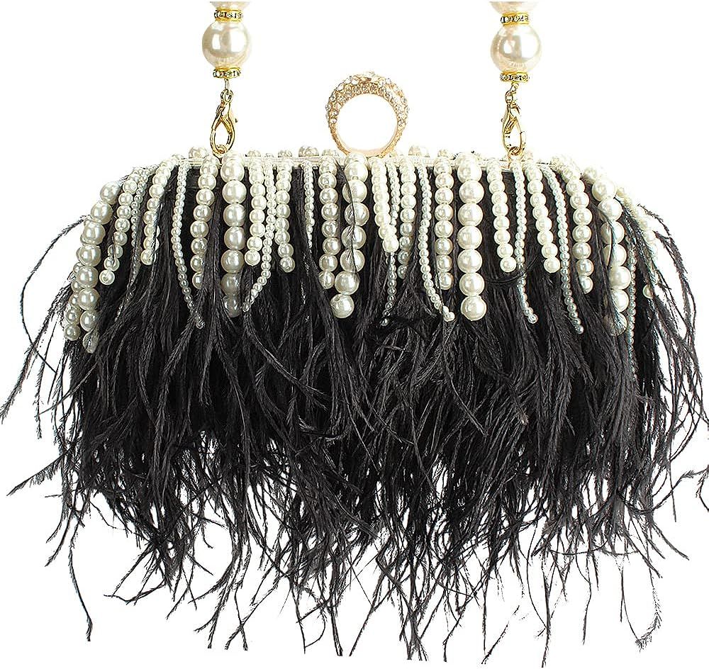 Women Real Natural Ostrich Feather Evening Bags Purses Clutch Vintage Banquet Handbag (green): Ha... | Amazon (US)