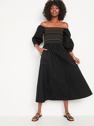 Fit & Flare Cotton-Poplin Smocked Off-the-Shoulder Maxi Dress for Women | Old Navy (US)