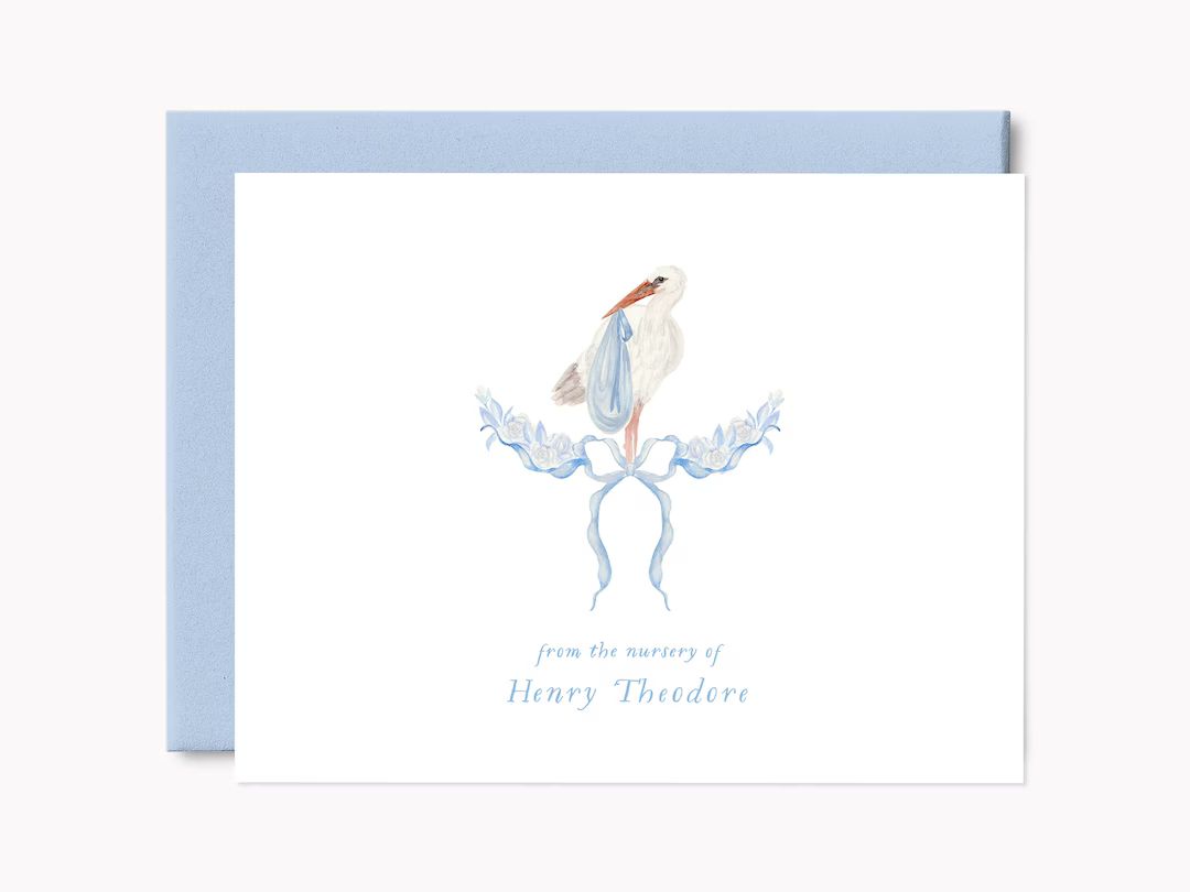 Printed Blue Stork Stationery Set Custom Baby Shower Note Cards for Baby Boy Personalized A2 Fold... | Etsy (US)