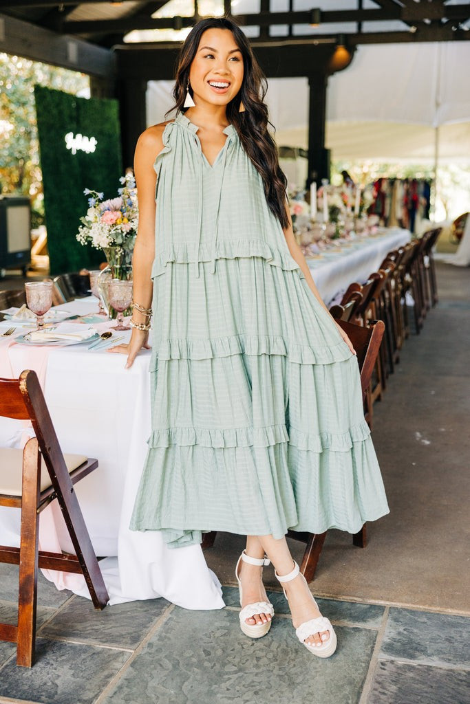 Pursue Perfection Sage Green Ruffled Midi Dress | The Mint Julep Boutique