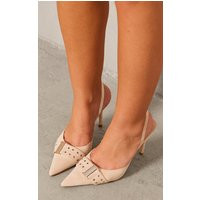 Beige Faux Suede Point Toe Buckle Detail Mid Heeled Courts | PrettyLittleThing US