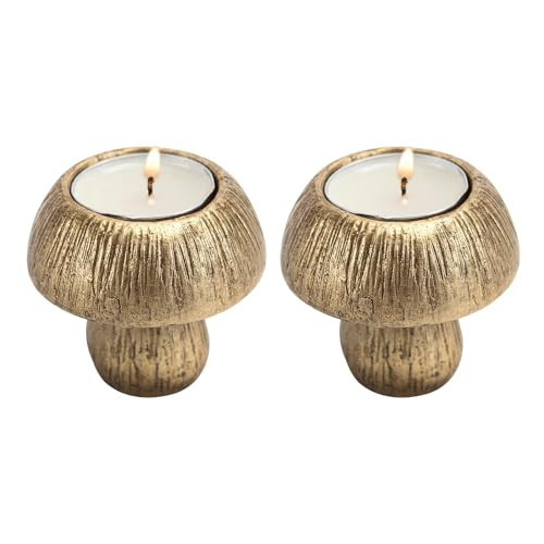 NIKKY HOME Cute Mushroom Candle Holder Set of 2, Gold Tealight Candle Holders for Centerpiece Table Decorations, Decorative Stand for Tea Light Candles, Votive Candles, Cottagecore Fall Decor | Amazon (US)