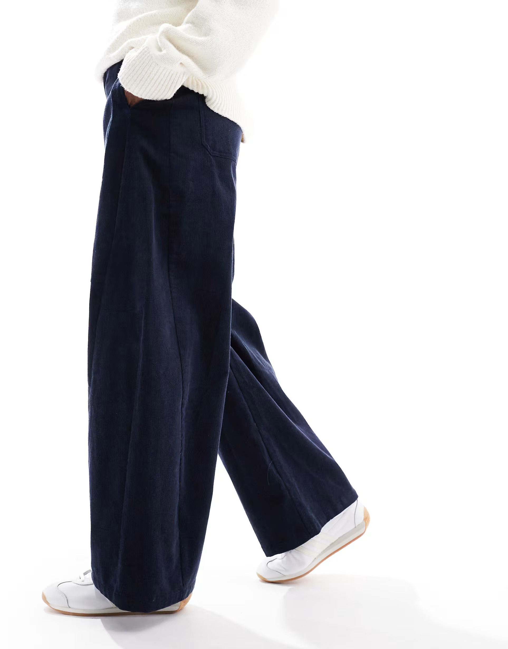 ASOS DESIGN baby cord extreme horseshoe trousers with seam detail in navy | ASOS (Global)