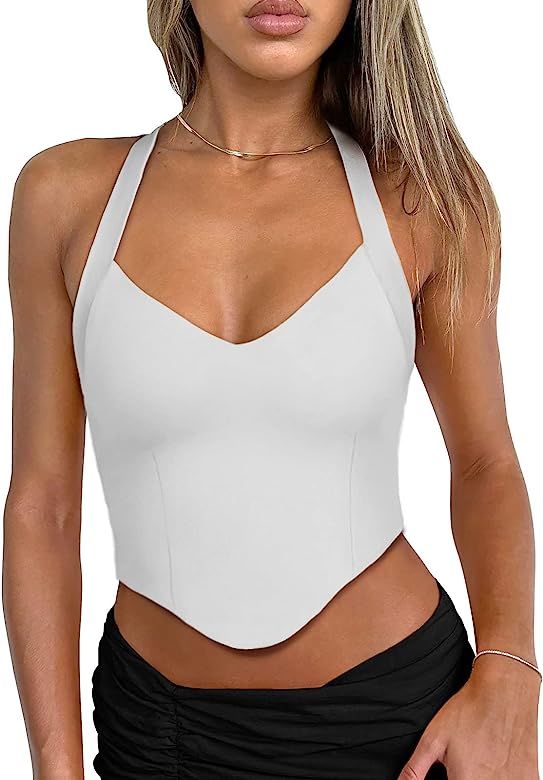 REORIA Women's Summer Sexy Halter V Neck Sleeveless Backless Y2K Going Out Crop Tank Tops | Amazon (US)