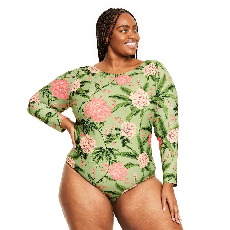 Women's Large Peony Print Long Sleeve Medium Coverage One Piece Swimsuit - Agua Bendita x Target ... | Target