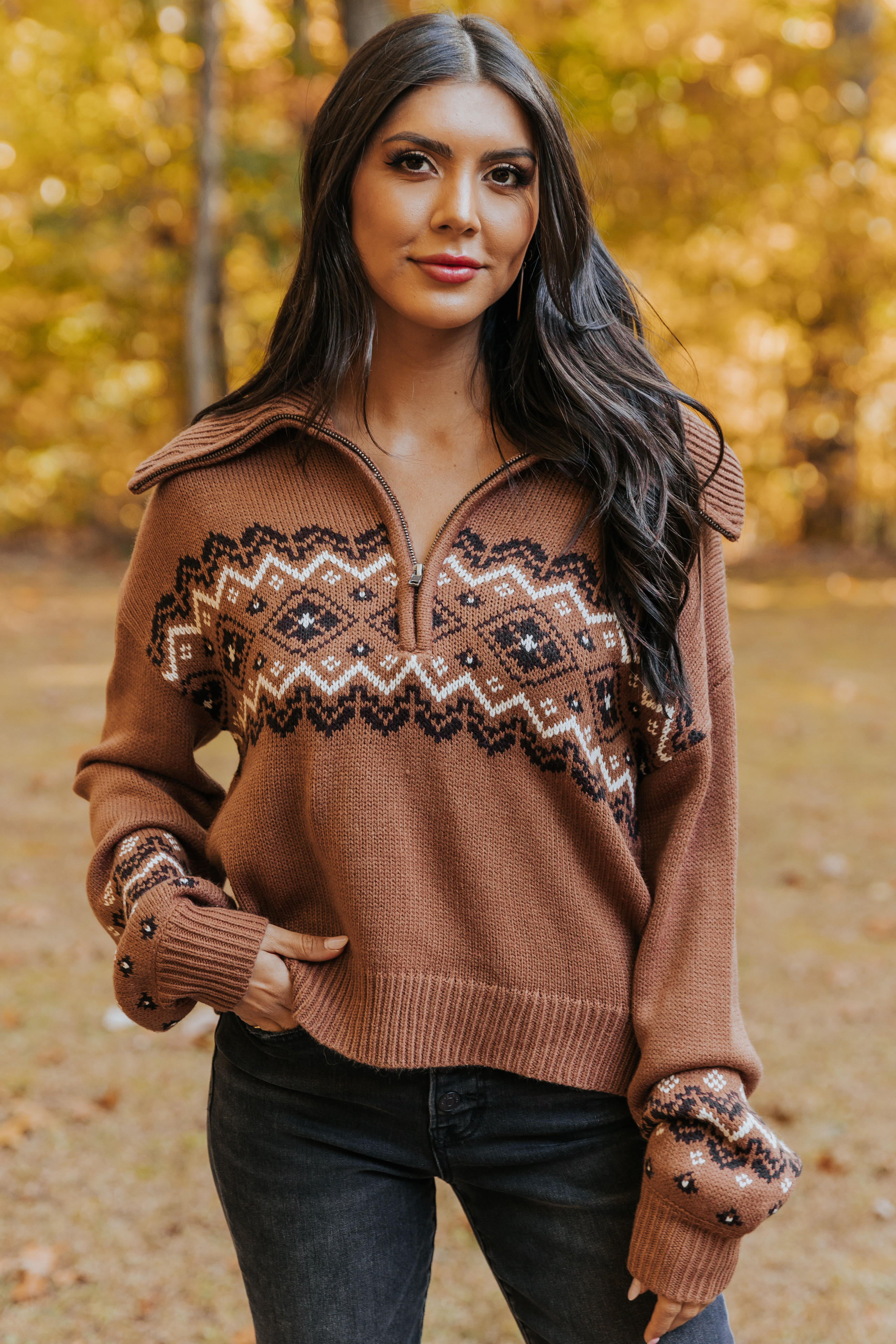 Brown & Black Vintage Print Half Zip Pullover | Magnolia Boutique