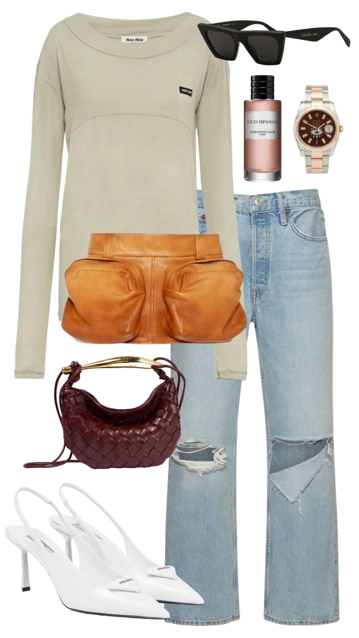 miu miu top + cargo skirt worn as a waist bag 
re/done jeans 
bottega veneta bag 
prada heels 
old celine sunglasses 
dior oud ispahan perfume 
rolex watch 

#LTKFind #LTKfit #LTKSeasonal