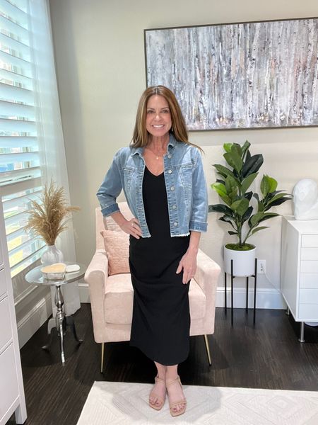 Style this black dress with a denim jacket for casual and special occasions!

#fashionfinds #petitefashion #jeanjacket #midlifestyle #springoutfit

#LTKstyletip #LTKU #LTKFind