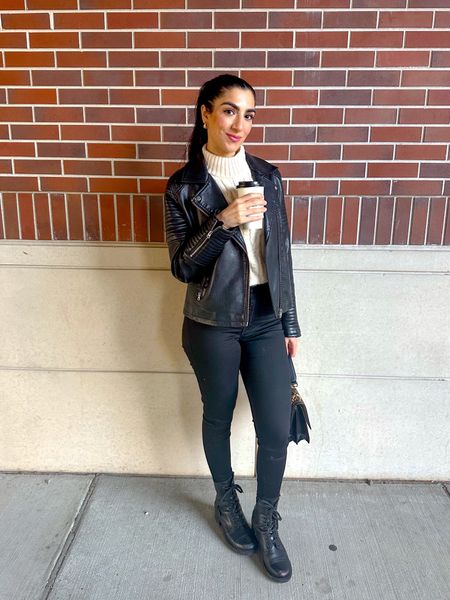 Fall fashion, black, leather jacket, top shop, biker jacket, sweater, vest, target, a New day, Target bottega, dupe, earrings, gold earrings, combat boots, fall outfit for style


#LTKmidsize #LTKfindsunder100