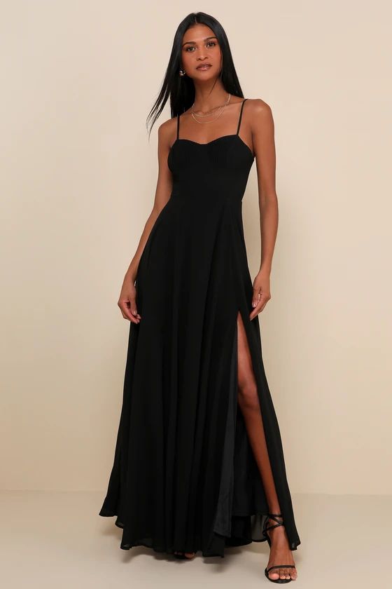 Cause for Commotion Black Pleated Bustier Maxi Dress | Lulus