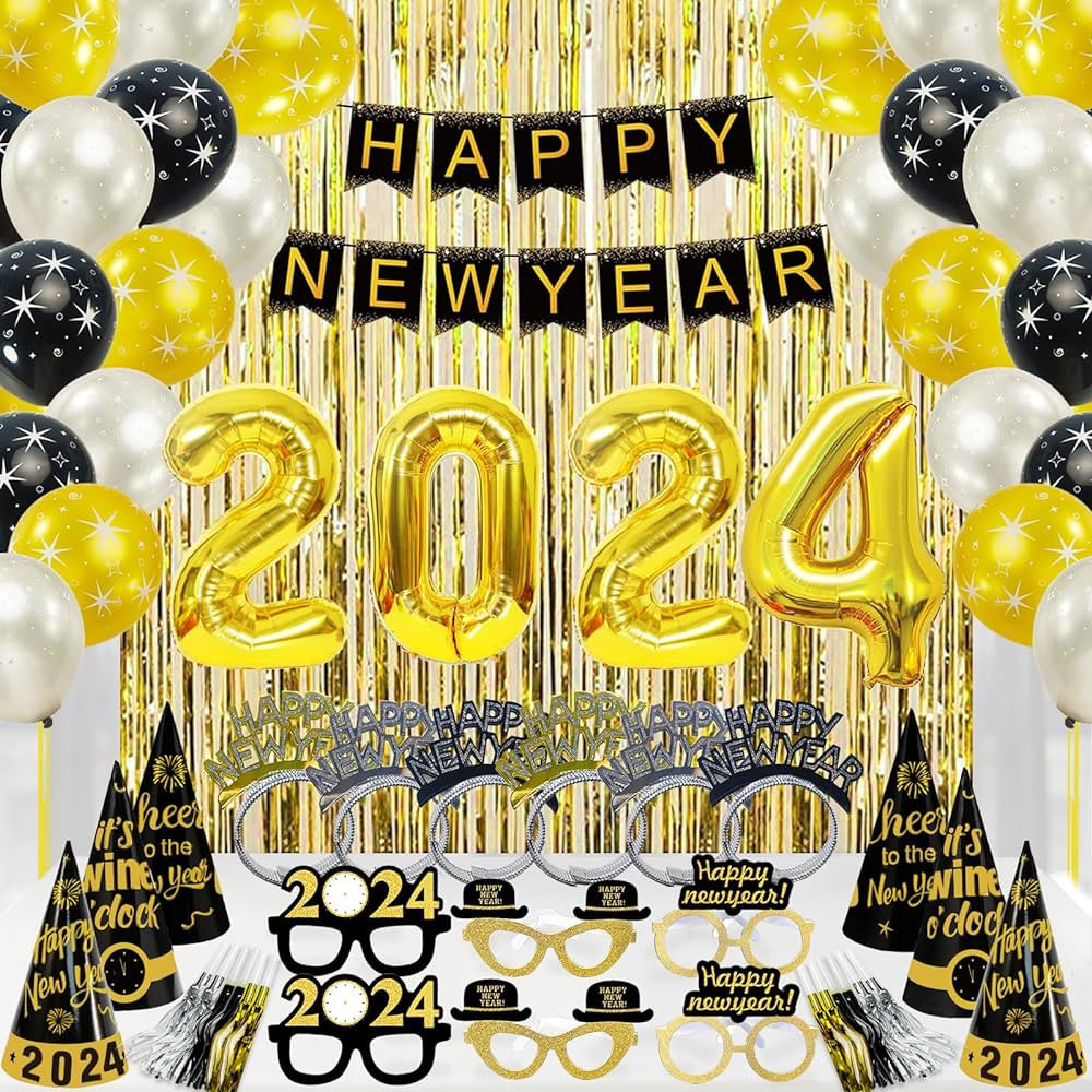 New Years Decorations 2024 - Happy New Year Eve Party Supplies - Includes Banner, Hats, Glasses, ... | Amazon (US)