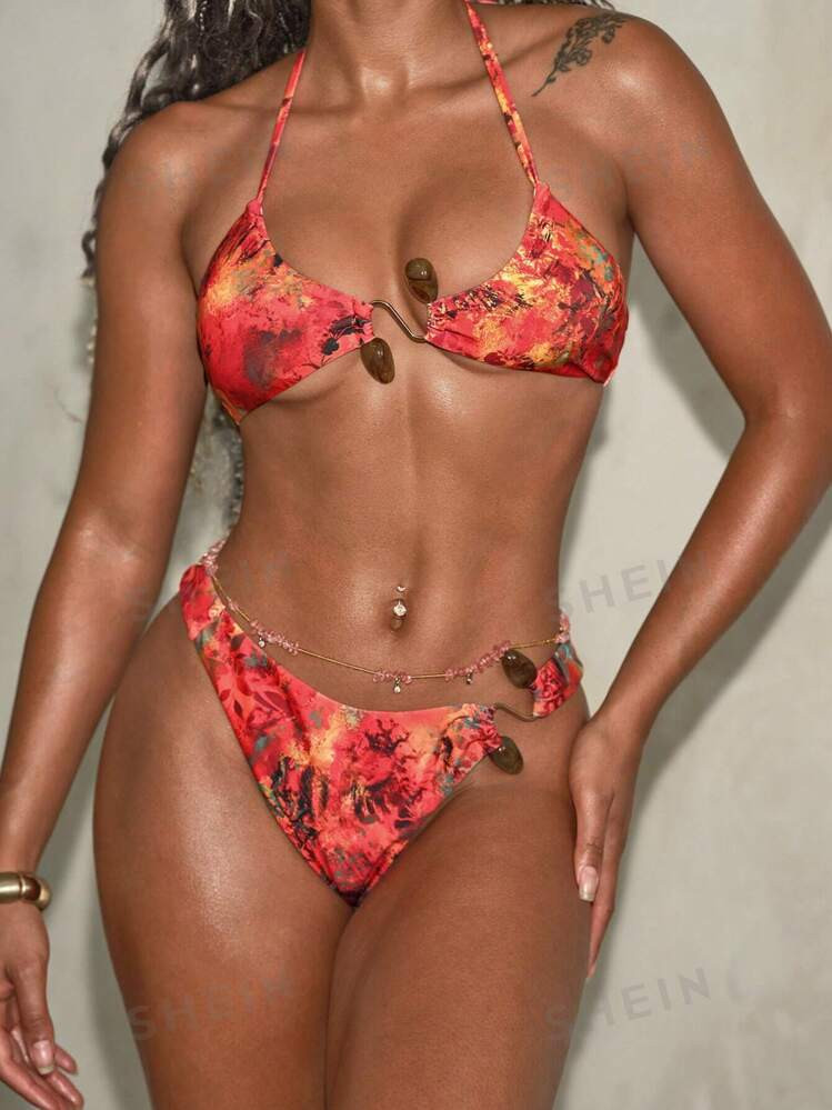 SHEIN Women's Summer Beach All-Over Print Halter Neck Backless Sexy Vacation Bikini Set | SHEIN