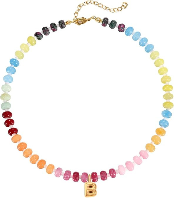 Beaded Necklaces for Women Colorful Beaded Gemstone Necklace Gold Bubble Letter Necklace Rainbow ... | Amazon (US)