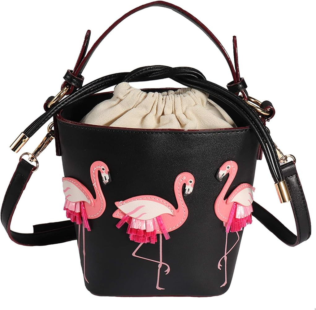 Small Flamingo Drawstring Bucket Shoulder Bag Barrel Shaped Tote Handbag for Womens Girls (Pink) | Amazon (US)