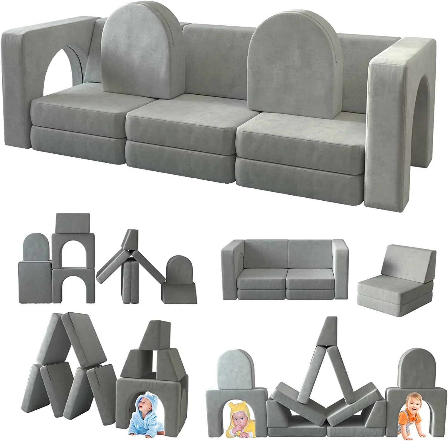 Kids Couch 12PCS, Linor Modular Toddler Couch for Playroom, Dutch Velvet Multifunctional Kid Couc... | Walmart (US)