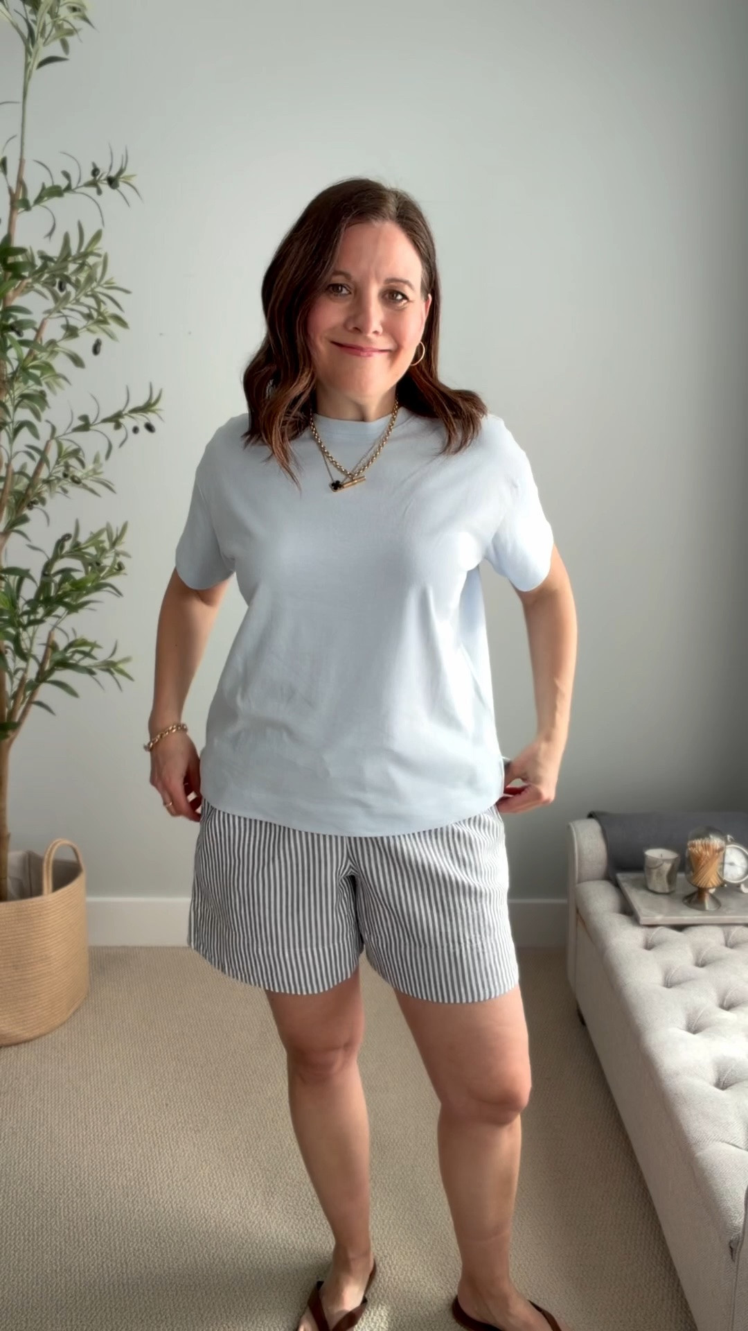 This is the newest style of shorts I added to my closet. They’re from the Gap and I picked them up on sale. 
These are lightweight, breathable, and high on comfort. They have a 12” rise and a 6” inseam, and I’m wearing a medium, which is true to the size chart.
The navy and cream stripe makes them feel a little more styled than a basic pair of shorts, and the drawstring waist adds to the comfort.

#LTKOver40 #LTKMidsize #LTKSaleAlert
