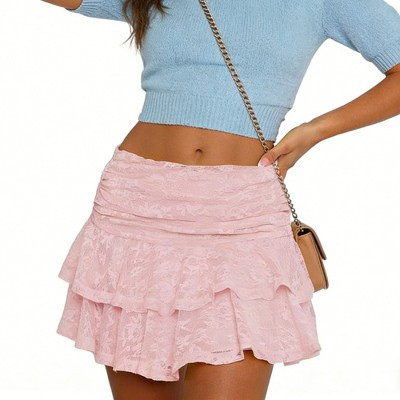 Women's Ruffle Lace Mini Skirt - Ruched High Waist Tiered Skirt, Feminine Romantic Summer Skirt for Date, Picnic, and Casual Outings Pink M | Target