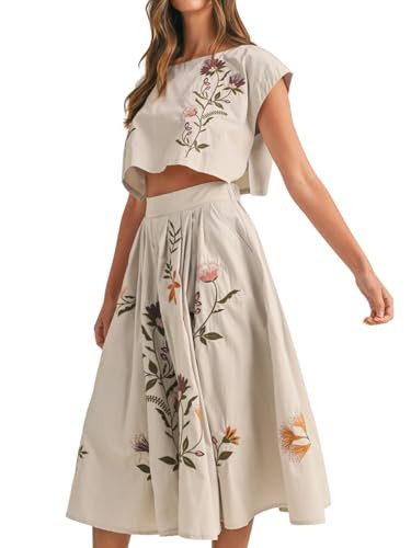 Women Floral Embroidery Dress Sleeveless 2 Piece Tank Top and Skirt Loose Fit Boho Dress | Amazon (US)