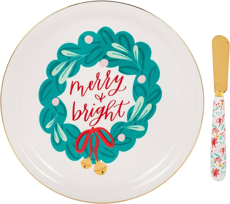 Mary Square Merry and Bright Green Holly Wreath 9 inch Ceramic Christmas Serving Platter with Spr... | Amazon (US)