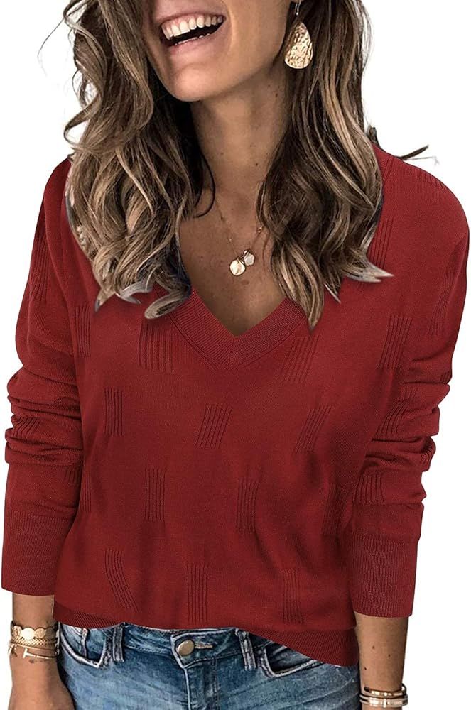 Arach&Cloz Women's Fall Fashion 2022 V Neck Long Sleeve Pullover Jumper Knitted Casual Tops Sweater  | Amazon (US)