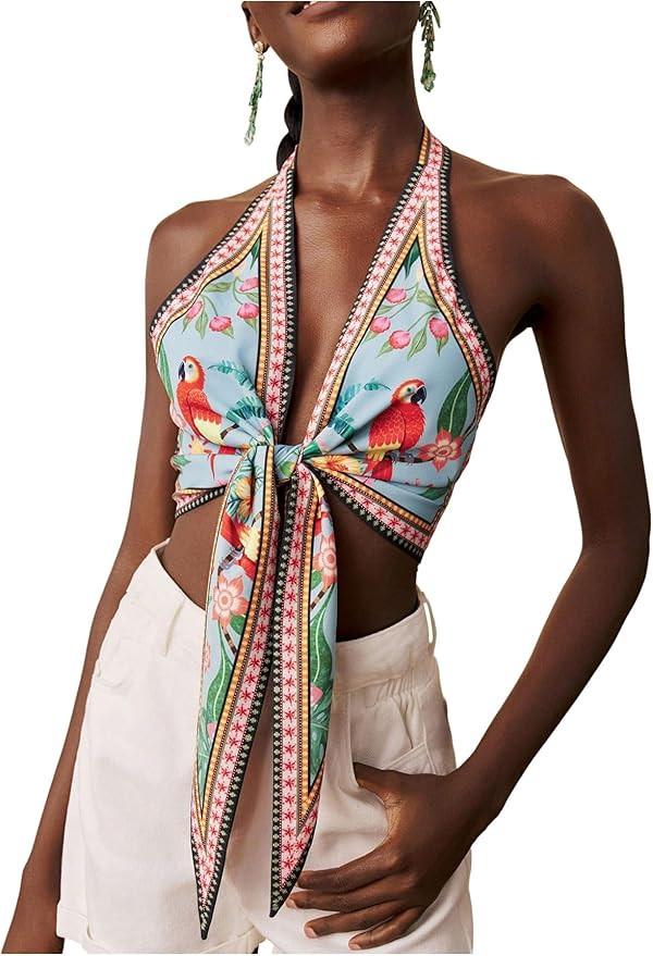 Floerns Women's Summer Floral Halter Tops Tie Front Backless Beach Vacation Crop Tops | Amazon (US)