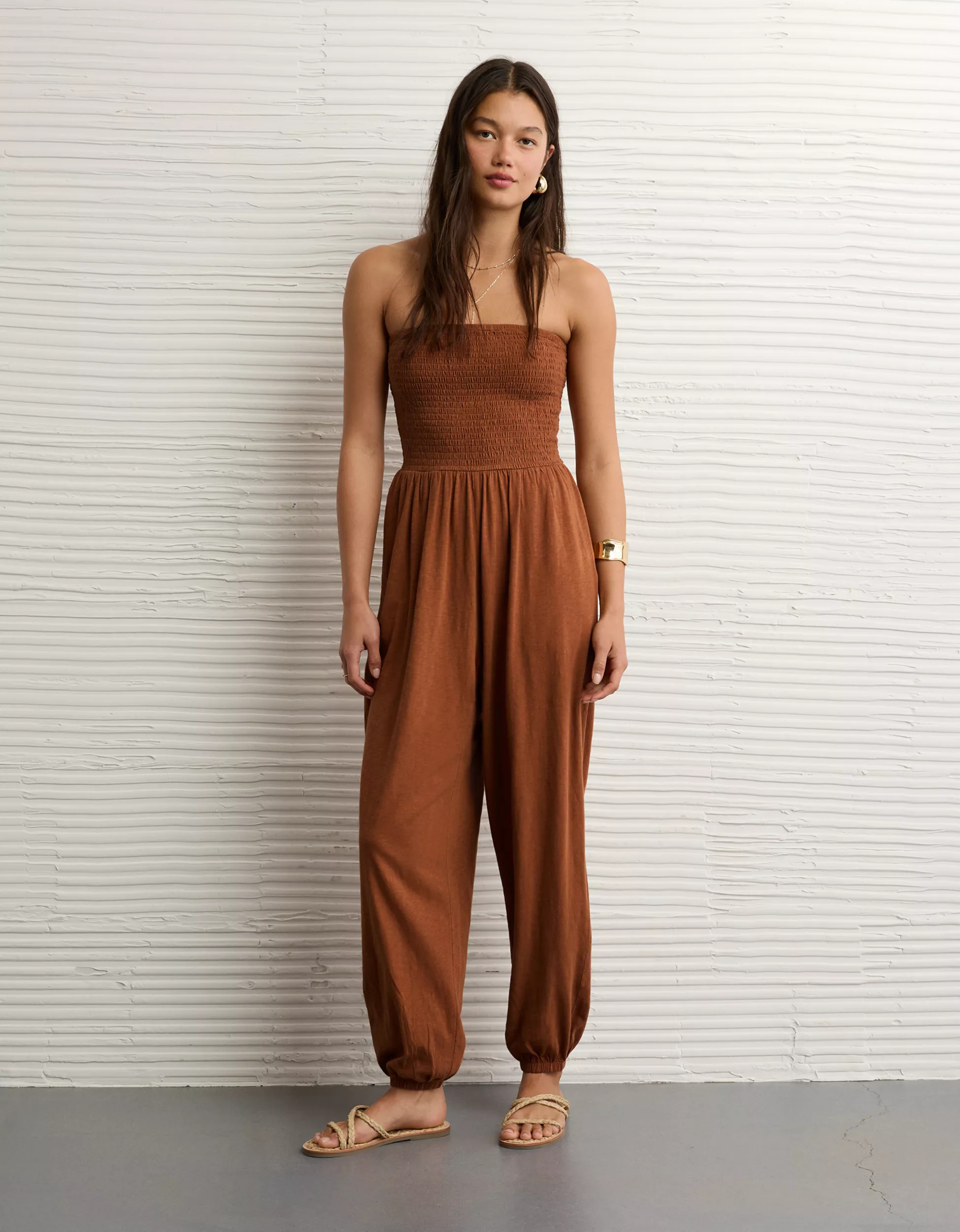 AE Sunchaser Knit Smocked Tube Jumpsuit | American Eagle Outfitters (US & CA)