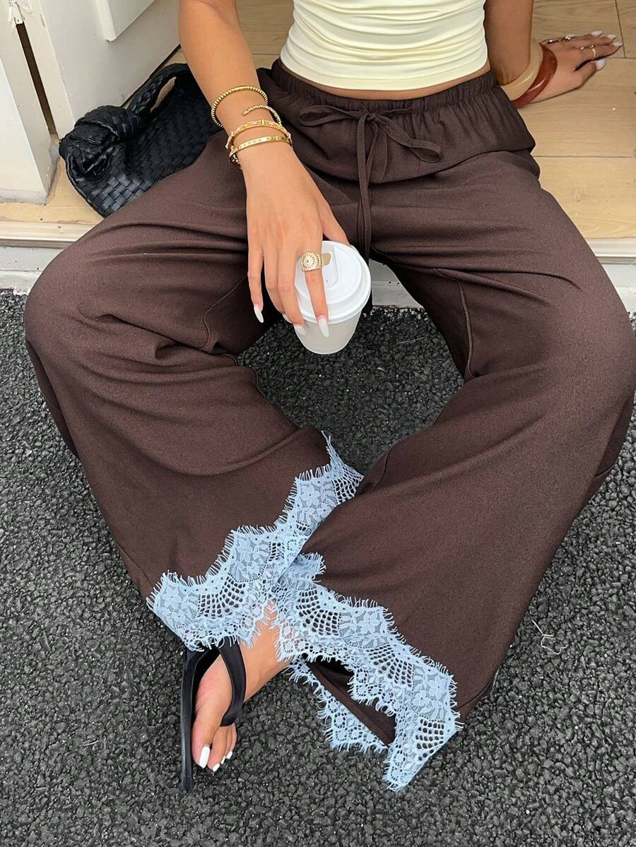 Aloruh Women's Spring/Summer New Color Satin Long Pants Low Waist Wide Leg Pants Brown Long Pants Lace Patchwork Clothing Women's Vacation Wear Coquette Style Clothing | SHEIN
