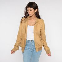 Tan Suede Jacket Soft Leather 80S Bomber Coat Biker Varsity Letterman Motorcycle Vintage 1980S Medium Large | Etsy (US)