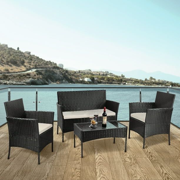Bigzzia 4 Pieces Patio Porch Furniture Sets PE Rattan Outdoor Furniture Conversation Sets Black -... | Walmart (US)