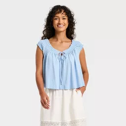 Women's Smocked Knit Scoop Neck Blouse - Universal Thread™ Light Blue S | Target