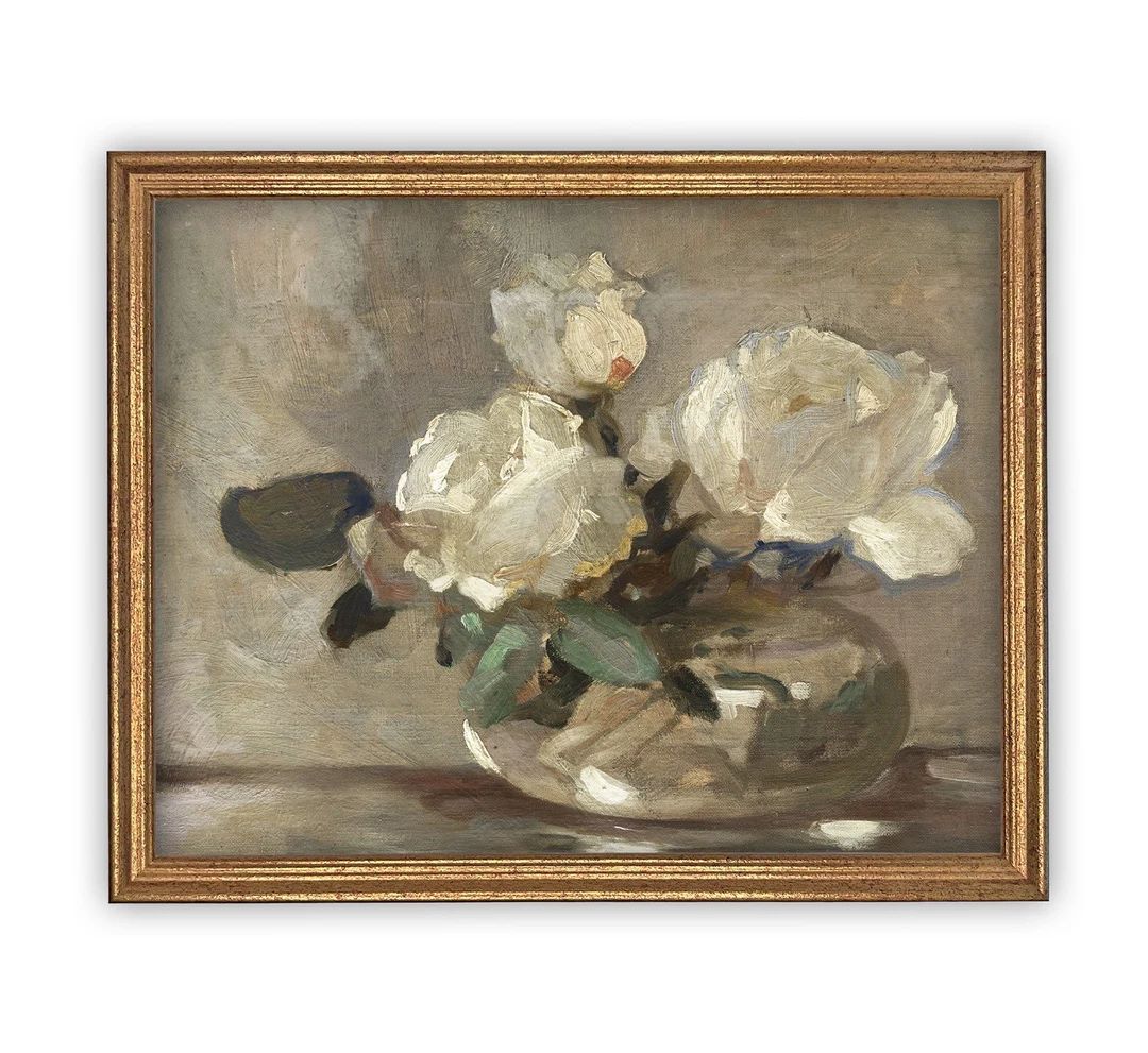Vintage Framed Canvas Art // Framed Vintage Floral Print // Vintage White Roses Painting // Still... | Etsy (US)