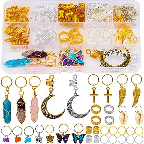 200pcs Hair Beads Jewelry, Dreadlocks Gem Crystal Hair Charms, Metal Hair Coils Rings, Gold And S... | Amazon (US)