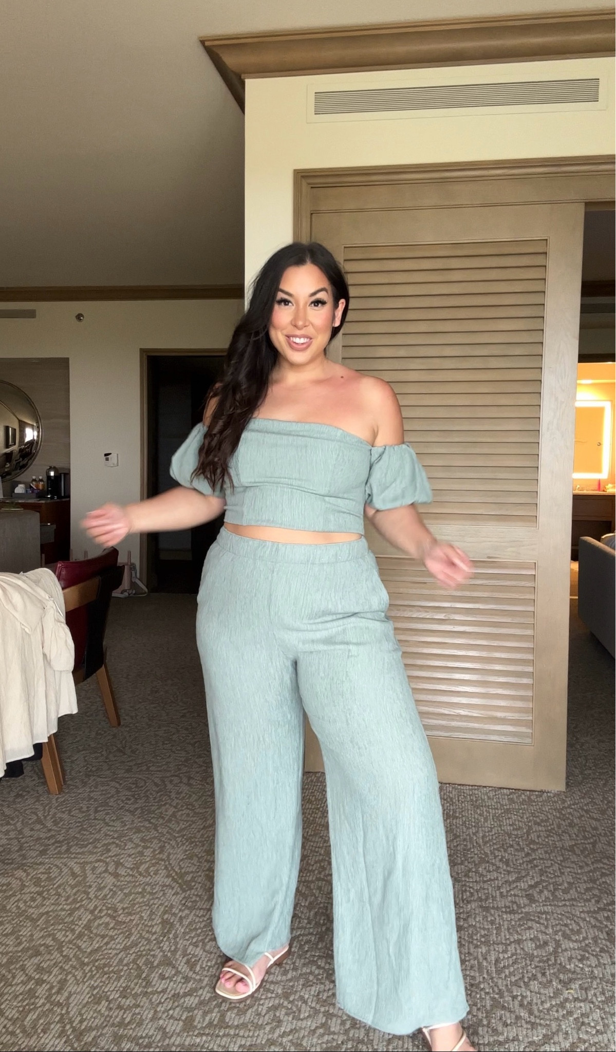 Size large two piece matching set with an off the shoulder top from the Abercrombie crinkle collection! My midsize vacation outfit for our family trip to Scottsdale 🖤🌵☀️

#LTKtravel #LTKmidsize #LTKstyletip