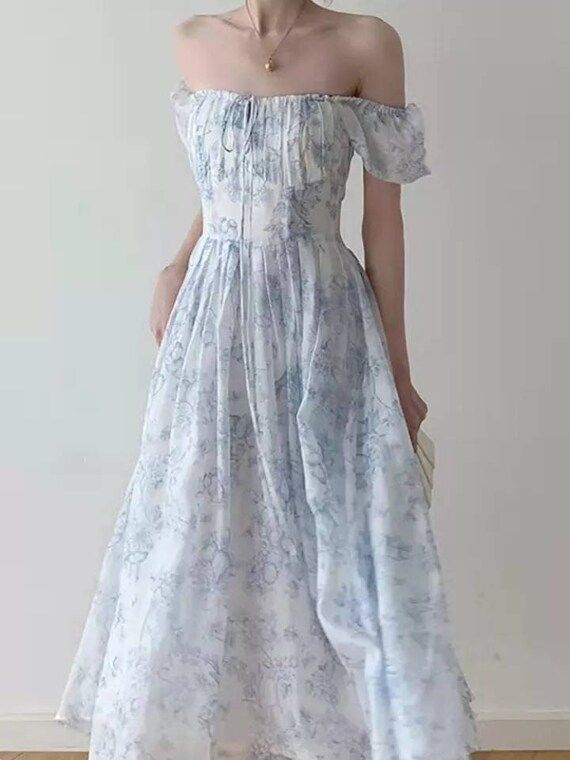 2022 Summer Vintage Blue Floral Dress Fairy Dress Formal | Etsy | Etsy (US)